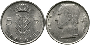 БЕЛЬГИЯ 5 ФРАНКОВ 1976 BELGIE KM 135.1 медно-никель 98-612