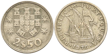 ПОРТУГАЛИЯ 2,5 ЭСКУДО 1978 ПАРУСНИК KM 590 медно-никель 4513-1151