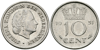 Нидерланды 10 центов 1951 Юлиана (1949-1980) KM 182 никель 96-438
