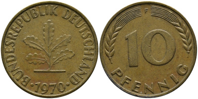 ФРГ 10 ПФЕННИГОВ 1970 F KM 108, J.383 сталь плакированная латунью 33-122