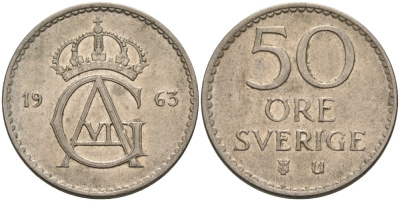 Швеция 50 эре 1963 U, Густав VI Адольф (1950-1973) KM 837 медно-никель UNC 4380-213