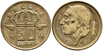 БЕЛЬГИЯ 50 САНТИМОВ 1958 BELGIE KM 149.1 бронза 4392-821