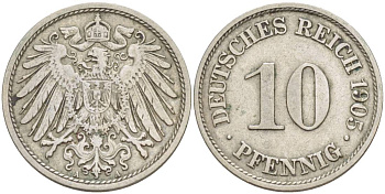 Германия 10 пфеннигов 1905 A KM 12, Jager 13, Weege 8 медно-никель 219-113