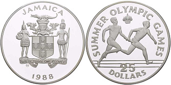 Ямайка 25 долларов 1988 XXIV летние Олимпийские игры 1988 года в Сеуле, эстафета KM 141 серебро PROOF 1080-8-44