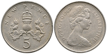 Великобритания 5 пенсов 1969 Елизавета II (1952-2022) KM 911, Spink 4233 (D1) медно-никель 87-851