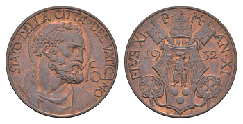 Ватикан 10 чентезимо 1932 Пий XI (1922-1939) KM 2 бронза aUNC 633-432