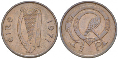 ИРЛАНДИЯ 1/2 ПЕННИ 1971 ПТИЧКА KM 19 бронза 3955-532