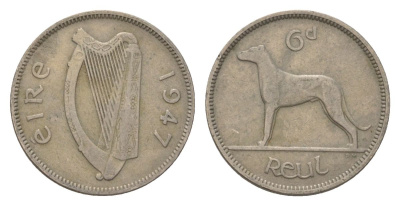 Ирландия 6 пенсов 1947 ирландский волкодав KM 13a медно-никель 4627-819