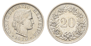 Швейцария 20 раппенов 1970 KM 29a медно-никель UNC 4669-1146