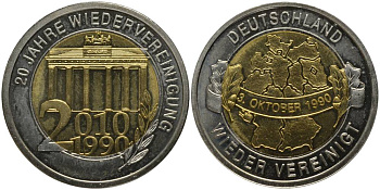 ГЕРМАНИЯ МЕДАЛЬ 2010 СЕРИЯ 20 ЛЕТ ВОССОЕДИНЕНИЯ, 3 ОКТЯБРЯ 1990, БРАНДЕНБУРГСКИЕ ВОРОТА биметалл UNC 69-914