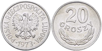 Польша 20 грошей 1973 MW KM А47, Parchimowicz 208m алюминий UNC 201-459