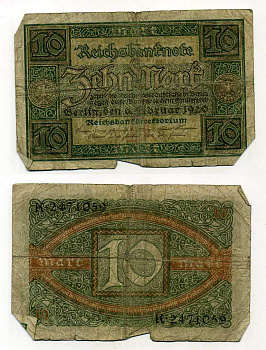ГЕРМАНИЯ 10 МАРОК 1920 6 ФЕВРАЛЯ 1920, БУКВА D, СЕРИЯ K, СЕМЬ ЦИФР В НОМЕРЕ СЕРИИ Pick 67a, Rosenberg 63а бумага 7146-48-3-2
