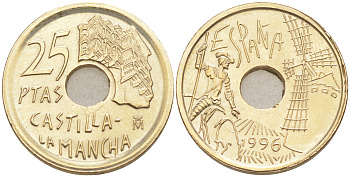 ИСПАНИЯ 25 ПЕСЕТ 1996 КАСТИЛЬЯ - ЛА МАНЧА - ДОН КИХОТ, ХУАН КАРЛОС I (1975-) KM 962 медь цинк никель 187-742