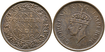 Британская Индия 1/4 анна 1942 Георг VI (1937-1952) KM 531 бронза aUNC 4110-423