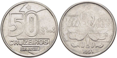 Бразилия 50 крузейро 1991 KM 620.2 нержавеющая сталь 4364-614
