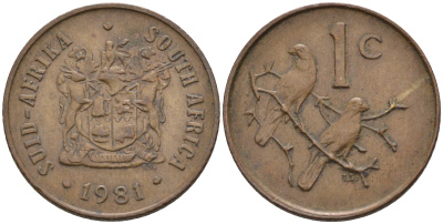 ЮАР 1 ЦЕНТ 1981 ГЕРБ, КАПСКИЕ ВОРОБЬИ KM 82 бронза 4588-1262