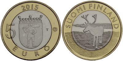 Финляндия 5 евро 2015 животный мир регионов Финляндии, Лапландия, северный олень KM 224 биметалл UNC M16-20
