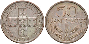 ПОРТУГАЛИЯ 50 СЕНТАВО 1974 KM 596 бронза 4561-626