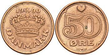 Дания 50 эре 1990 Маргрете II (1972-) КМ 866.2 бронза    4177-257