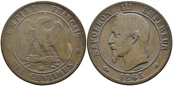 ФРАНЦИЯ 10 САНТИМОВ 1863 BB, НАПОЛЕОН III (1852-1870) KM 798.2, LA FRANC 134.9 бронза 4389-1026