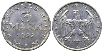 Германия 3 марки 1922 А, третья годовщина Веймарской Конституции KM 29, J. 303 алюминий 4380-741