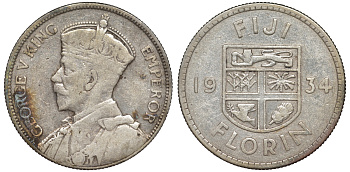 Фиджи 1 флорин 1934 Георг V (1910-1936), герб Фиджи KM 5 серебро 91-1234
