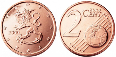 ФИНЛЯНДИЯ 2 ЕВРОЦЕНТА 2000 KM 99 сталь плакированная медью UNC 650-1711