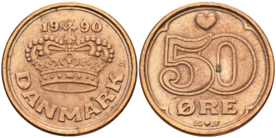 Дания 50 эре 1990 Маргрете II (1972-) КМ 866.2 бронза    4177-257