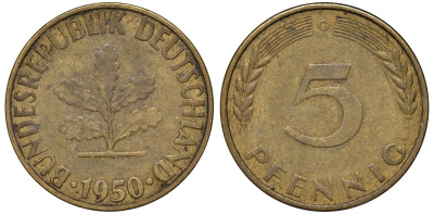 ФРГ 5 пфеннигов 1950 G KM 107, J.382 сталь плакированная латунью 4174-517