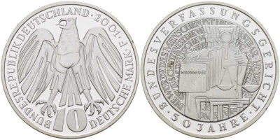 ФРГ 10 марок 2001 F, 50 лет Федерального Конституционного суда Германии KM 206 серебро PROOF 1076-8-13