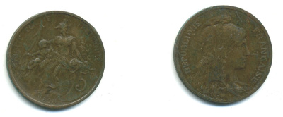 ФРАНЦИЯ 5 САНТИМОВ 1898 ТИП ДАНИЭЛЬ ДЮПЮИ KM 842, LE FRANC 119.5 бронза 84-537