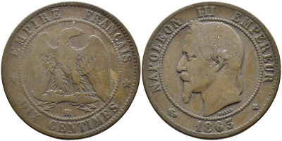 ФРАНЦИЯ 10 САНТИМОВ 1863 BB, НАПОЛЕОН III (1852-1870) KM 798.2, LA FRANC 134.9 бронза 4389-1026