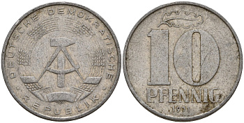 ГДР 10 пфеннигов 1971 A KM 10 алюминий 67-1042