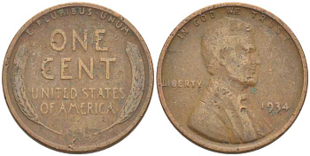 США 1 ЦЕНТ 1934 ЛИНКОЛЬН KM 132 бронза 3309-426