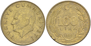 Турция 100 лир 1988 Кемаль Ататюрк KM 988 алюминиевая бронза 106-711