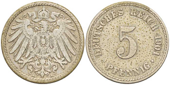 ГЕРМАНИЯ 5 ПФЕННИГОВ 1901 A KM 11, J. 12, Weege 6 медно-никель 206-931