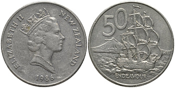 Новая Зеландия 50 центов 1986 Елизавета II (1952-2022), парусник Индевор KM 63 медно-никель 4578-115