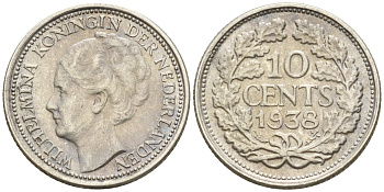 Нидерланды 10 центов 1938 Вильгельмина I (1890-1948) KM 163 серебро  4160-1241