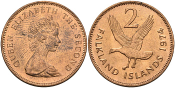 Фолклендские острова 2 пенса 1974 Елизавета II (1952-2022), магелланов гусь KM 3 бронза aUNC 4153-552