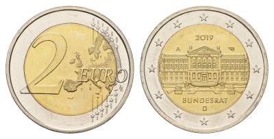 Германия 2 евро 2019 A, 70 лет Бундесрату KM 377 биметалл UNC 72-1725