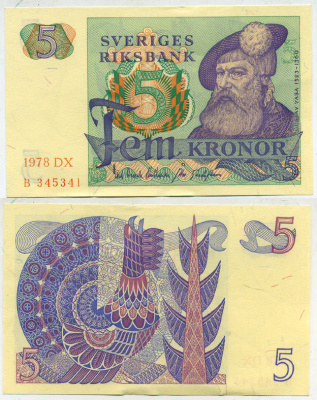 Швеция 5 крон 1978 DX, Густав I Ваза Pick 51d бумага aUNC 444-87-2