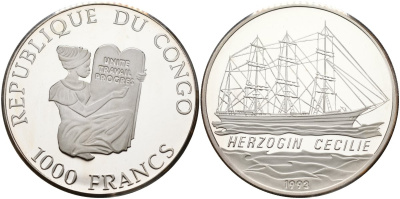 Конго 1000 франков 1993 четырёхмачтовый парусник "Герцогиня Сесилия" KM 15 серебро PROOF 04-318-43