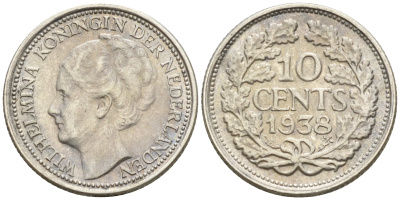 Нидерланды 10 центов 1938 Вильгельмина I (1890-1948) KM 163 серебро  4160-1241