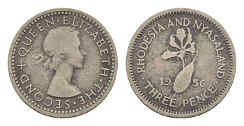 Родезия и Ньясаленд 3 пенса 1956 Елизавета II (1952-2022), цветок глориоза KM 3 медно-никель 4596-935