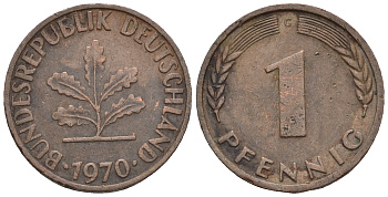 ФРГ 1 пфенниг 1970 G KM 105, J.380 сталь плакированная медью 4609-327