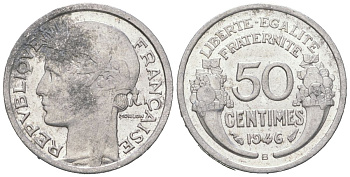 Франция 50 сантимов 1946 KM 894.2a, Le Franc 194 алюминий aUNC 4164-1155