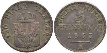 ПРУССИЯ 3 ПФЕННИГА 1863 А, ВИЛЬГЕЛЬМ I (1861-1888) KM 482 медь 117-1056