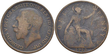 Великобритания 1 пенни 1913 Георг V (1910-1936) KM 810, Spink 4051 бронза 111-1232