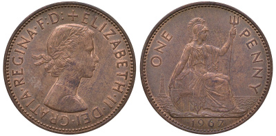 Великобритания 1 пенни 1967 Елизавета II (1952-2022) KM 897, Spink 4157 бронза 4131-515