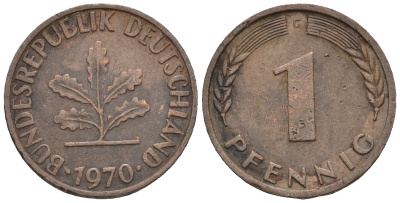 ФРГ 1 пфенниг 1970 G KM 105, J.380 сталь плакированная медью 4609-327
